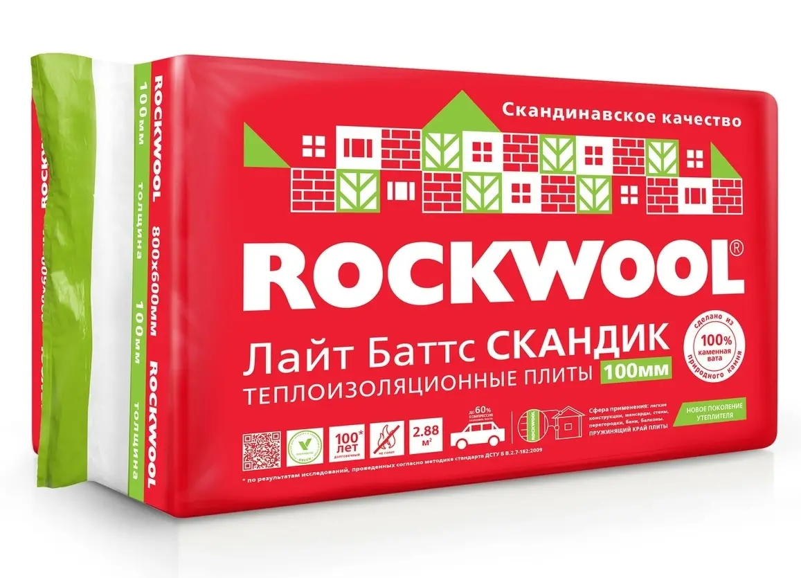 Утеплитель Rockwool Лайт Баттс Скандик 800х600х100 мм 2,88 кв.м.